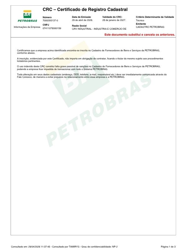 Certificado de Registro Cadastral (CRC) da Petrobras em nome da CRV