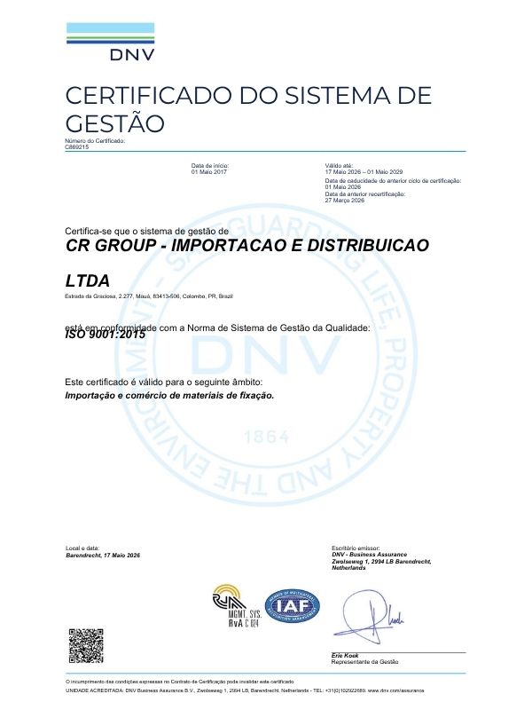 Certificado ISO 9001:2015 emitido pela DNV para o sistema de gestao da qualidade